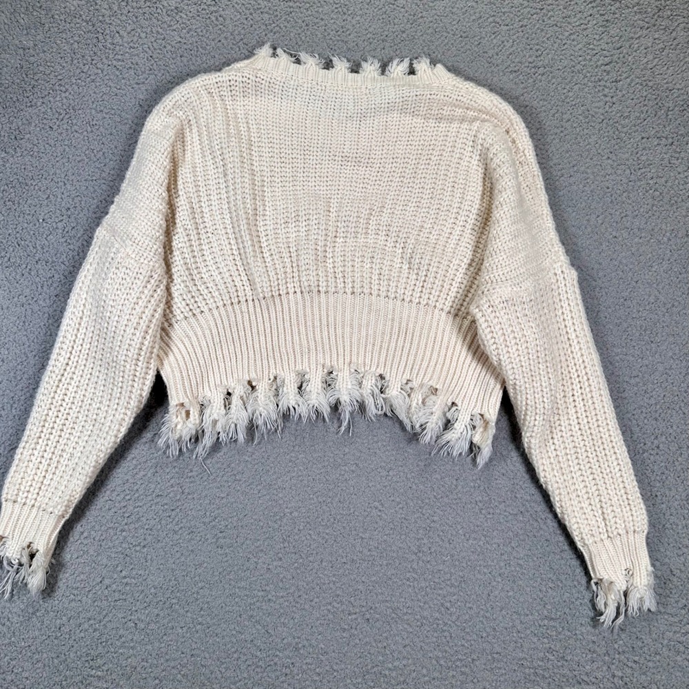 Cropped Sweater Cream Knit Oversized Frayed Women's‎ M/L Grunge Thrashed Event - Picture 11 of 16